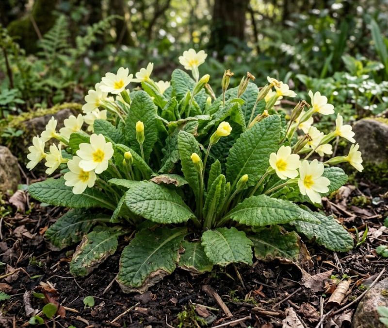 Flor prímula perene formando uma touceira com flores e novos brotos no jardim