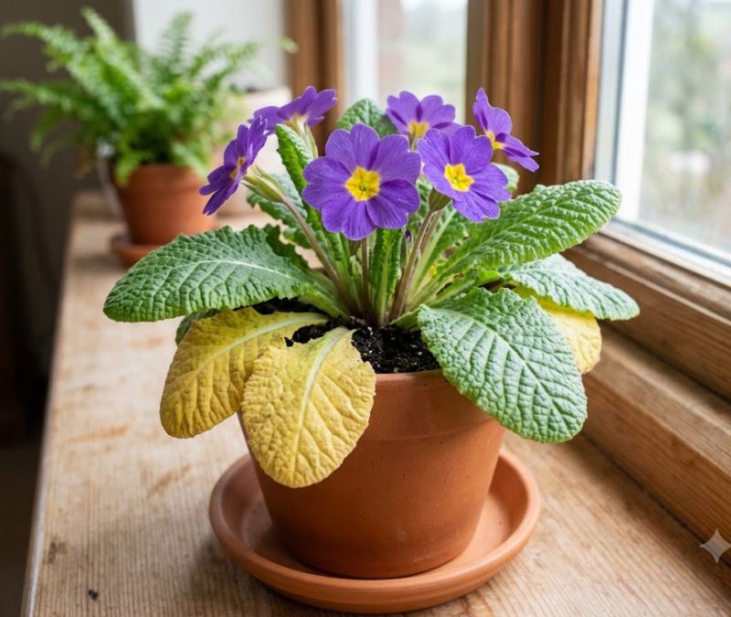 Flor prímula roxa com três folhas amarelas na parte inferior da planta