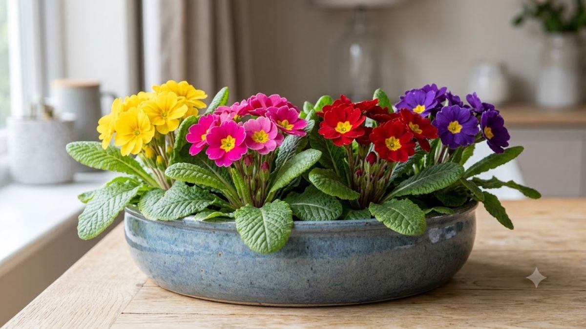 Flor prímula amarela, rosa, vermelha e roxa cultivada em vaso de cerâmica azul