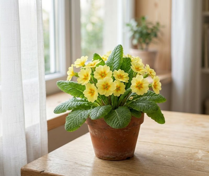 Flor prímula amarela próxima de janela com luz natural filtrada