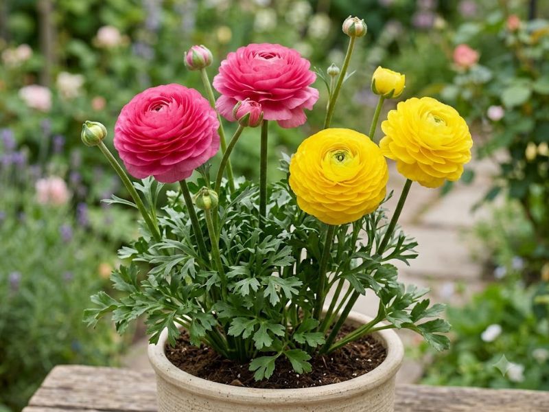Flores de ranúnculo rosa e amarelas com pétalas sobrepostas e folhas verdes recortadas
