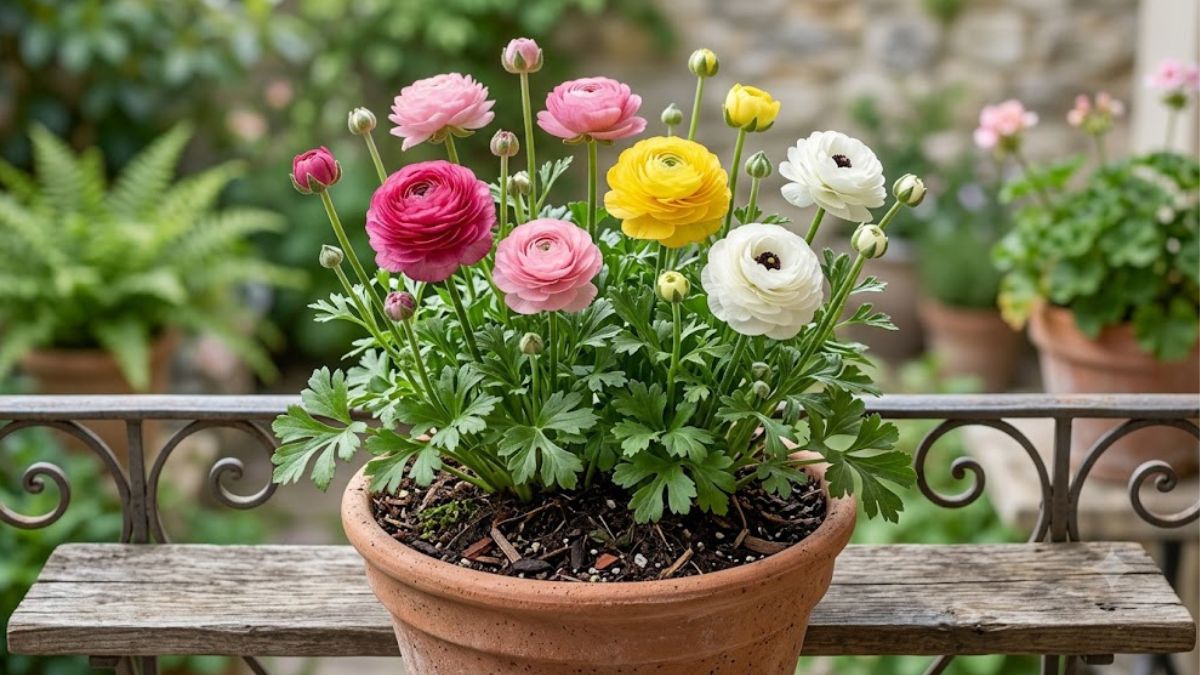 Flor ranúnculo rosa, amarela e branca cultivada em vaso de terracota no jardim