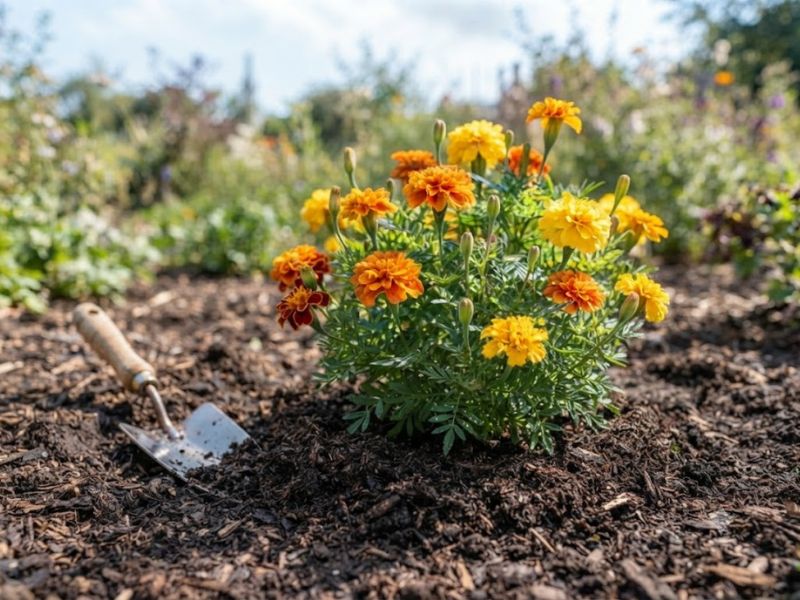 Flor tagete saudável com composto orgânico aplicado moderadamente ao redor da planta