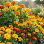 Flor tagete amarela, laranja e vermelha em canteiro ensolarado com floração intensa
