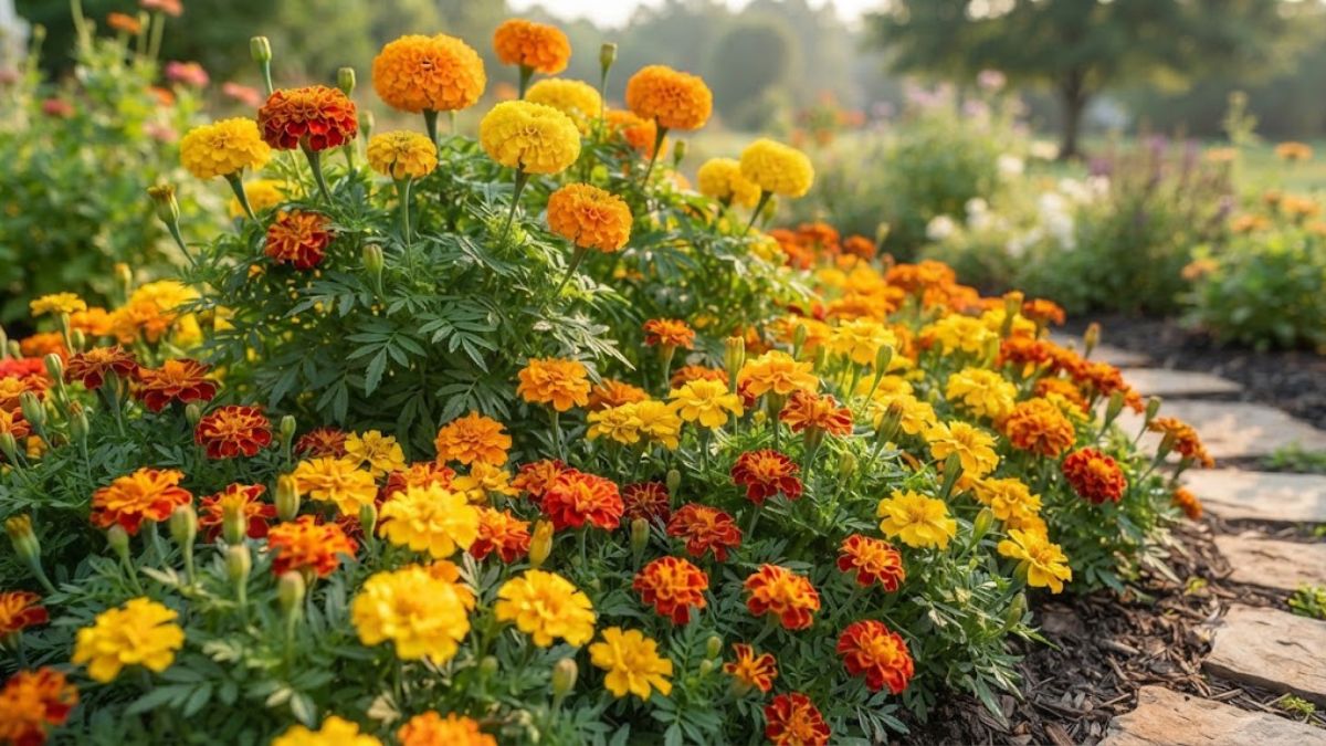 Flor tagete amarela, laranja e vermelha em canteiro ensolarado com floração intensa