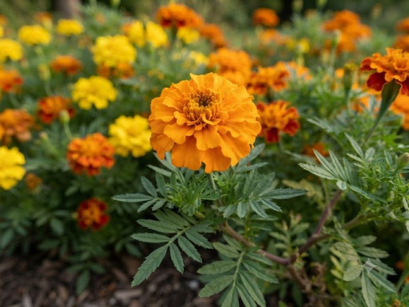 Flor tagete alaranjada com pétalas abertas, folhas verdes recortadas e hastes ramificadas