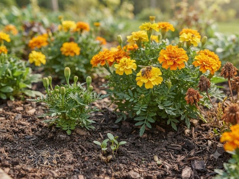 Flor tagete em diferentes fases com sementes, mudas, botões, flores abertas e flores secas