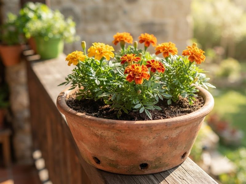 Flor tagete amarela e laranja cultivada em vaso com boa drenagem e sol direto
