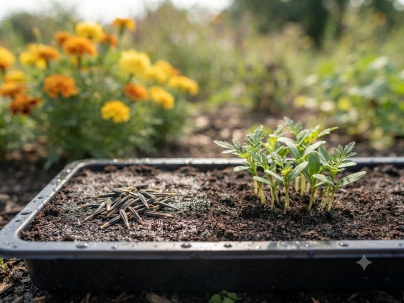 Sementes de flor tagete em substrato leve ao lado de pequenas mudas recém-germinadas