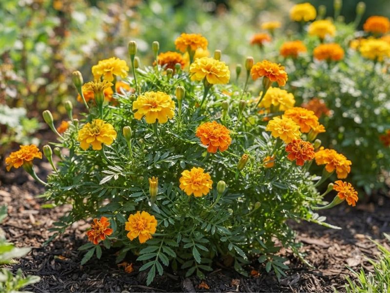 Flor tagete com floração intensa em canteiro ensolarado, cheia de flores abertas e botões