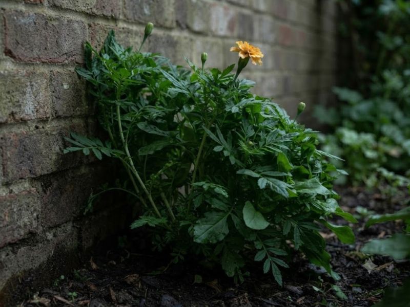 Flor tagete cultivada na sombra com hastes alongadas, muitas folhas e poucos botões