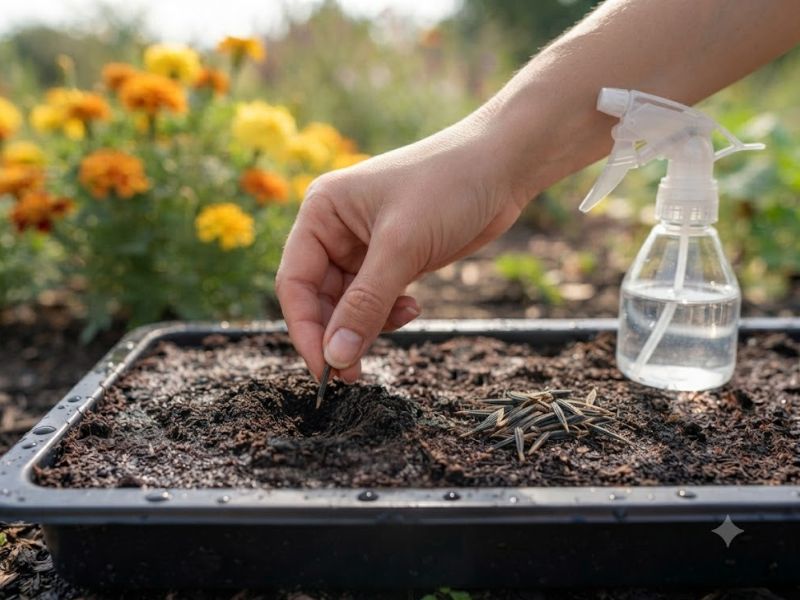 Sementes de flor tagete em substrato leve ao lado de pequenas mudas recém-germinadas
