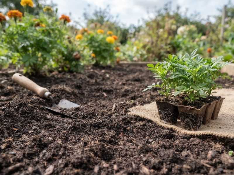 Solo solto e bem drenado sendo preparado para o plantio da flor tagete