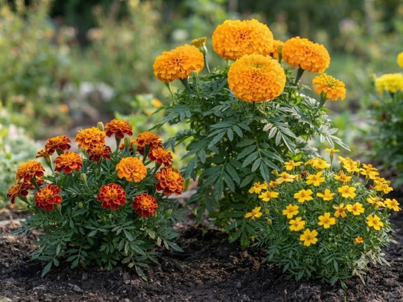 Flor tagete dos tipos Tagetes patula, Tagetes erecta e Tagetes tenuifolia cultivadas no jardim