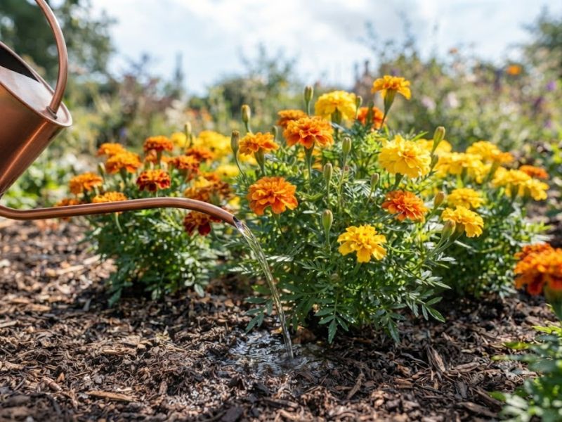 Flor tagete recebendo água diretamente na base sem molhar folhas e flores