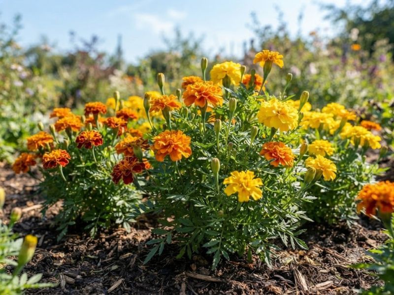 Flor tagete saudável recebendo sol direto em canteiro aberto e bem iluminado