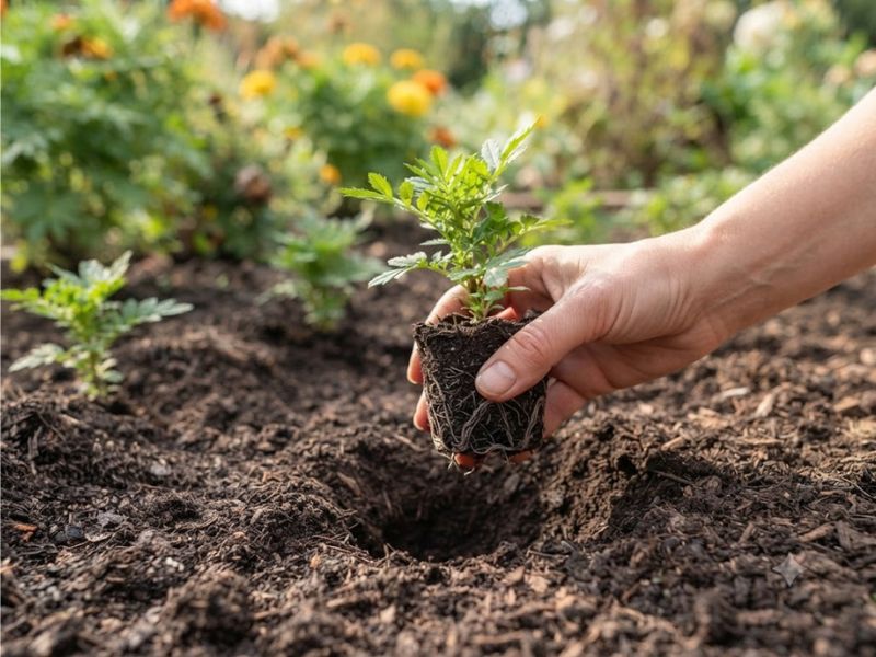 Muda de flor tagete com torrão preservado sendo transplantada para um canteiro ensolarado
