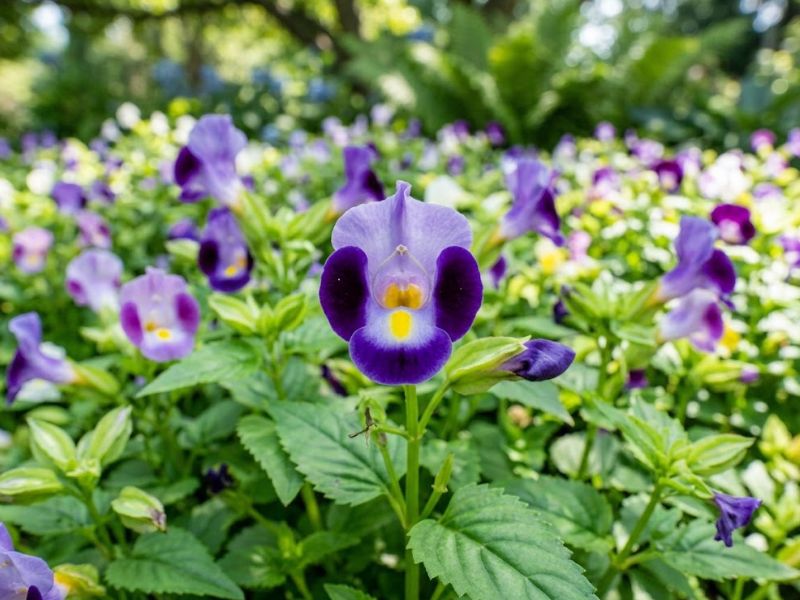 Flor torênia violeta em primeiro plano com garganta branca