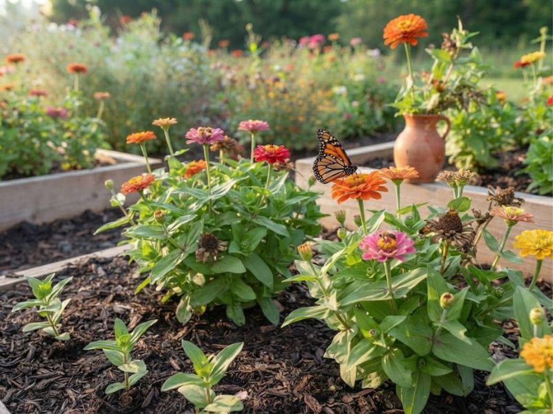 Flor zínia com mudas, botões, flores abertas e formação de sementes no jardim