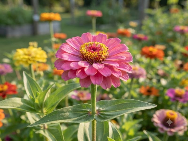 Flor zínia em close com pétalas coloridas, centro bem definido e folhas verdes alongadas