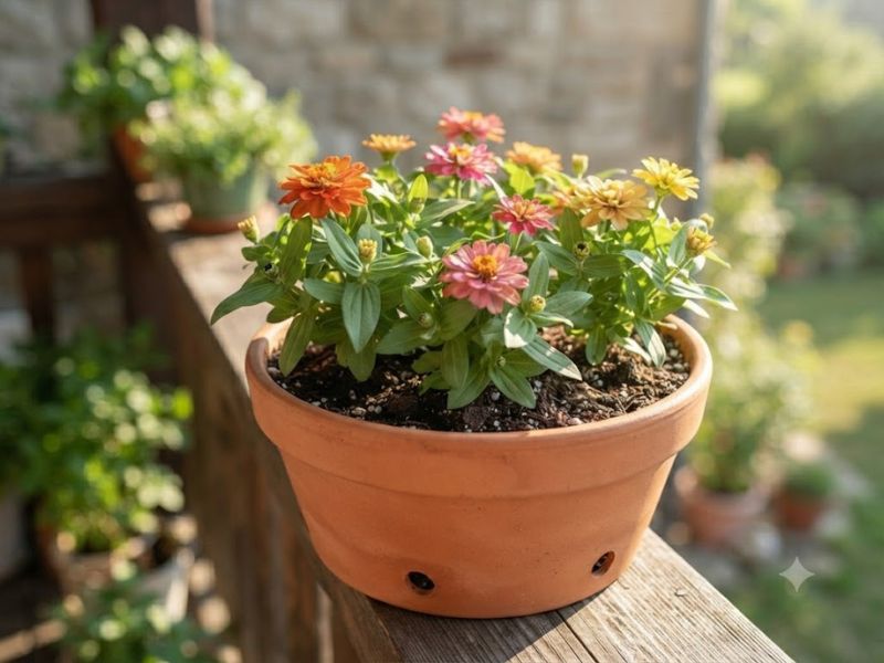 Flor zínia cultivada em vaso ensolarado com flores coloridas e folhas saudáveis