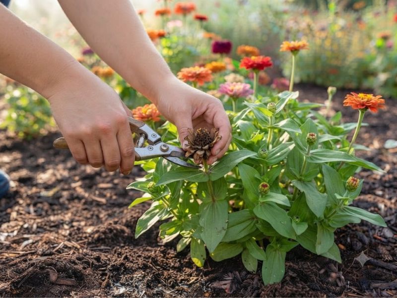 Flor zínia com flores secas sendo removidas para estimular novas florações