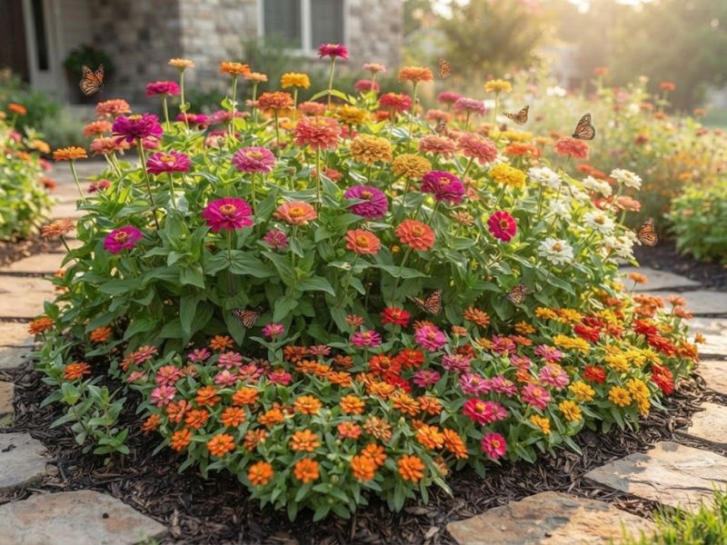Flor zínia em jardim residencial com canteiro florido, colorido e bem ensolarado