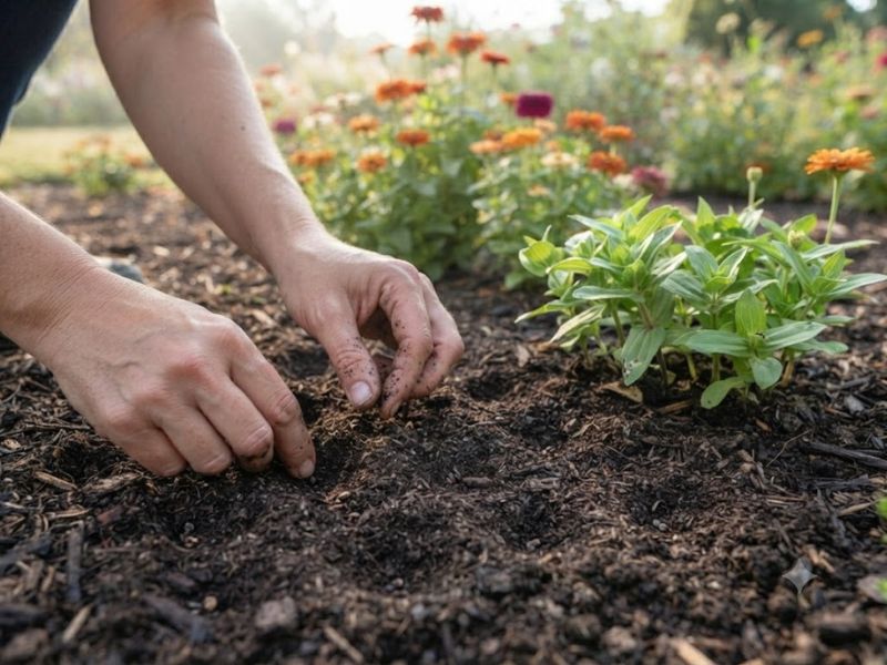 Flor zínia sendo plantada por sementes em solo solto e levemente úmido