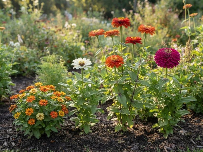 Flor zínia dos tipos simples, dobrada, compacta e alta cultivadas lado a lado no jardim