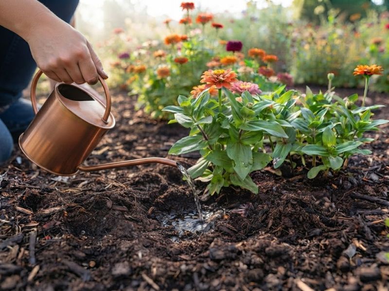 Flor zínia recebendo rega na base com solo adubado de forma moderada