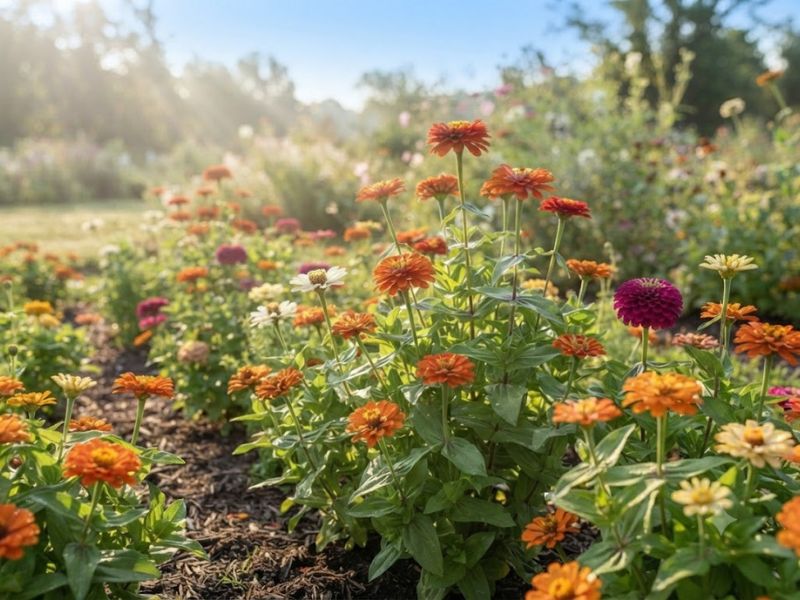 Flor zínia recebendo sol direto em canteiro aberto e bem iluminado