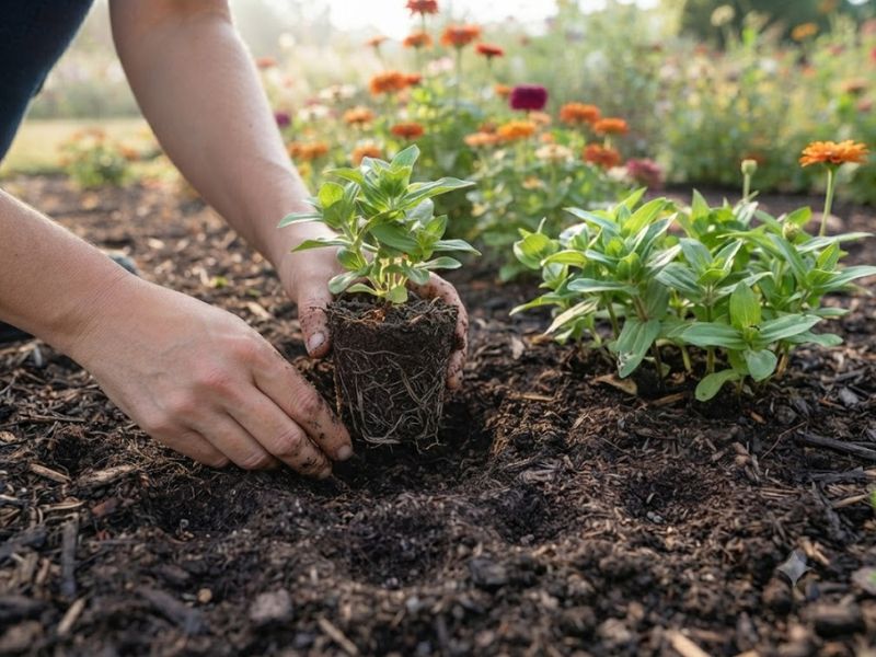 Flor zínia com muda sendo transplantada para canteiro com solo solto e bem drenado