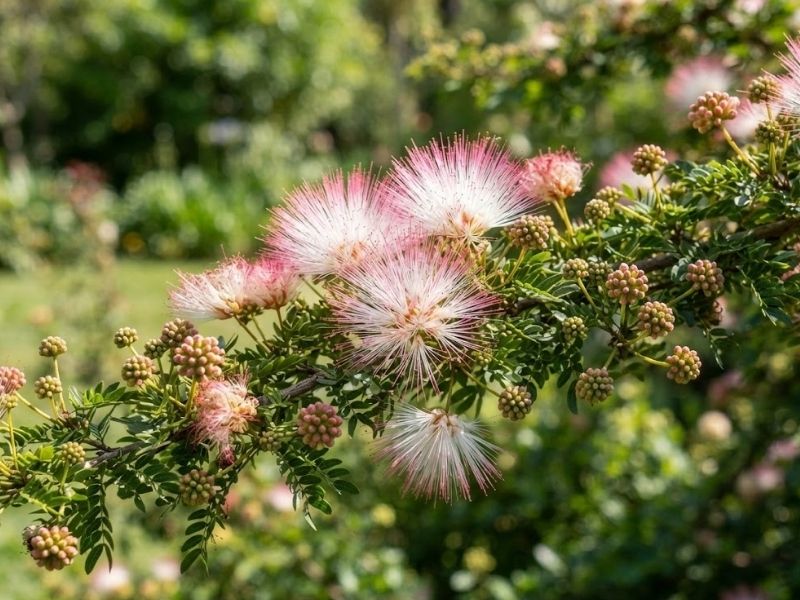 Galho de caliandra com botões e flores rosa em diferentes fases de abertura.