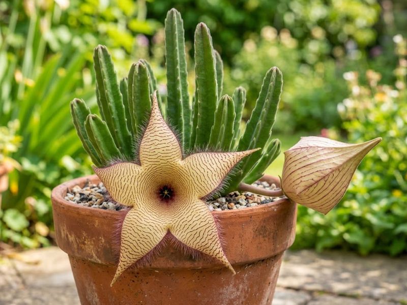 Cacto estrela com botão floral e uma flor aberta próxima à base dos caules