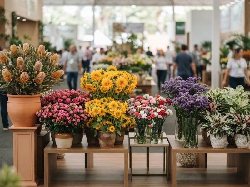 Flores da primavera apresentadas em espaços separados em uma mostra de floricultura