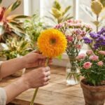 Flores da primavera com girassol dobrado, minirroseira, cravos spray, statice, banksia e plantas variegadas