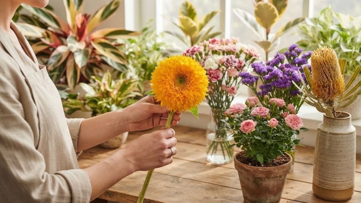 Flores da primavera com girassol dobrado, minirroseira, cravos spray, statice, banksia e plantas variegadas
