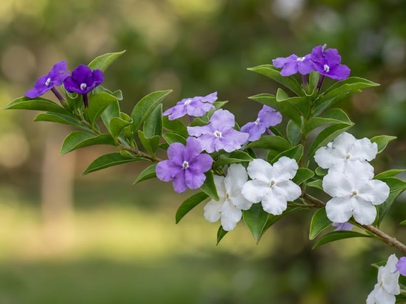 Flores de manacá de cheiro em diferentes estágios nas cores roxo, lilás e branco