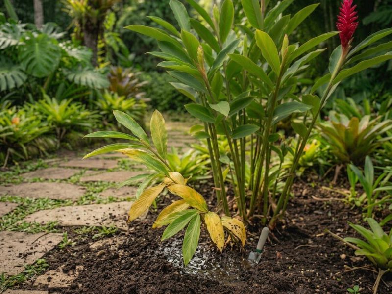 Alpínia purpurata com algumas folhas inferiores amarelas