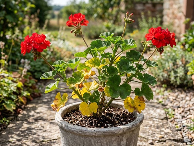 Gerânio com algumas folhas inferiores amarelas e flores saudáveis