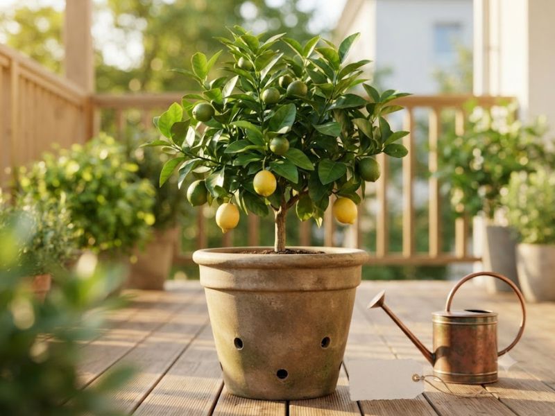 Limoeiro jovem com frutos cultivado em vaso na varanda