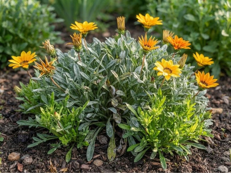 Gazânia adulta com brotações novas, folhas antigas e flores em diferentes fases