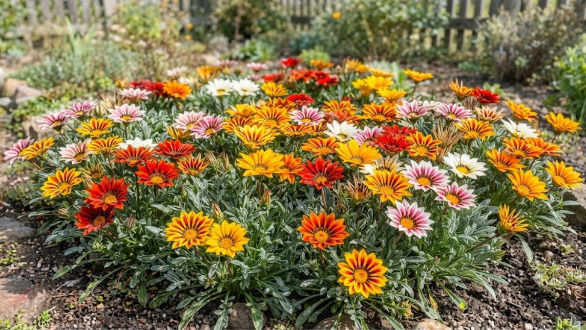 Canteiro de gazânias coloridas com flores abertas sob o sol