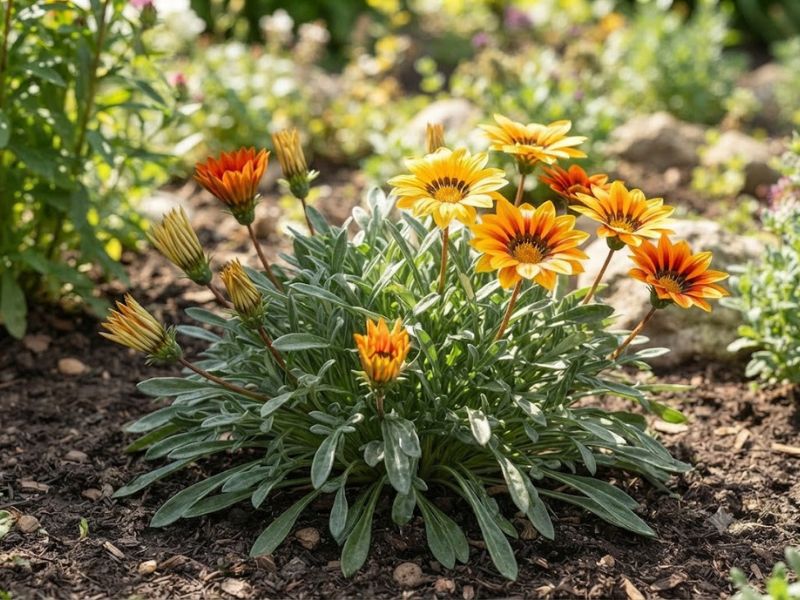 Flores de gazânia abertas na parte ensolarada e fechadas na área sombreada
