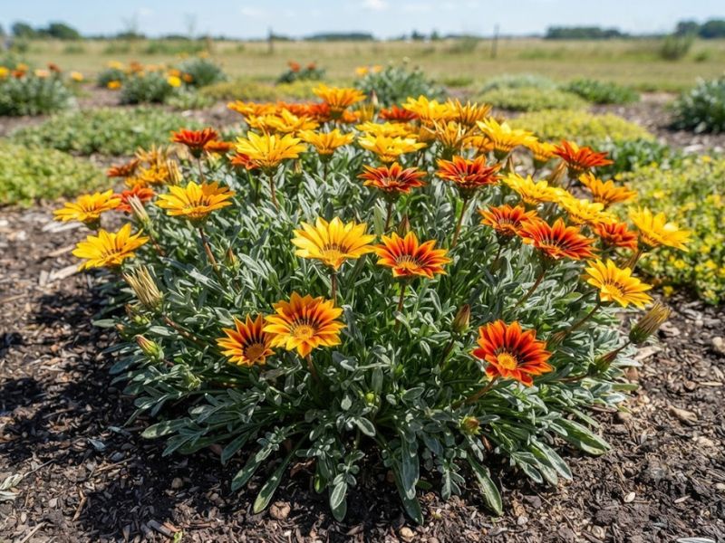 Gazânias compactas e floridas cultivadas em local de sol pleno