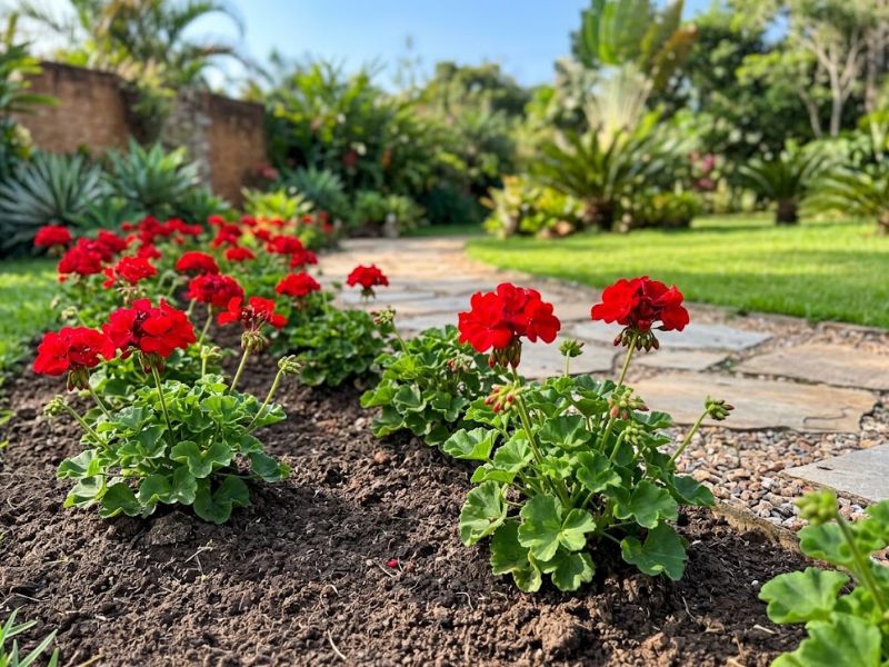 Gerânios vermelhos plantados diretamente em canteiro ensolarado