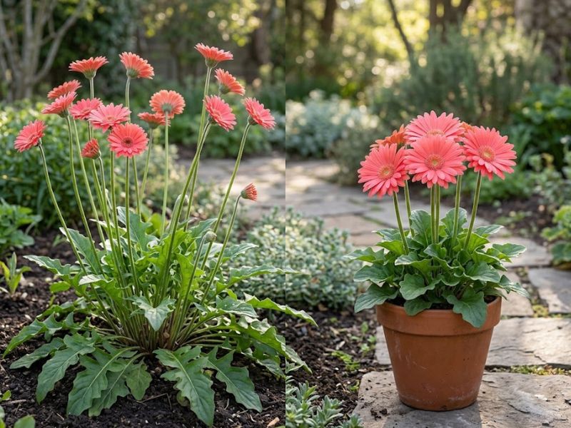 Gérbera de jardim com hastes compridas ao lado de uma flor gérbera compacta cultivada em vaso