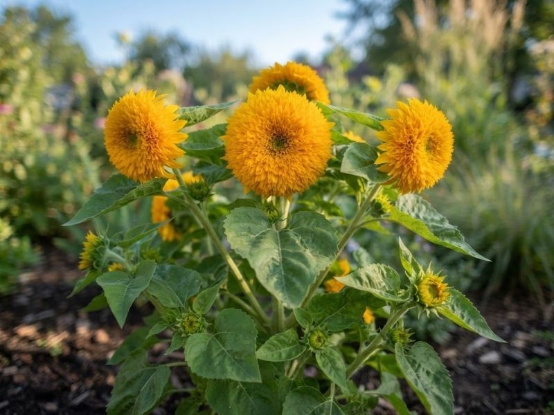 Girassol dobrado amarelo com inflorescência cheia e aparência de pompom