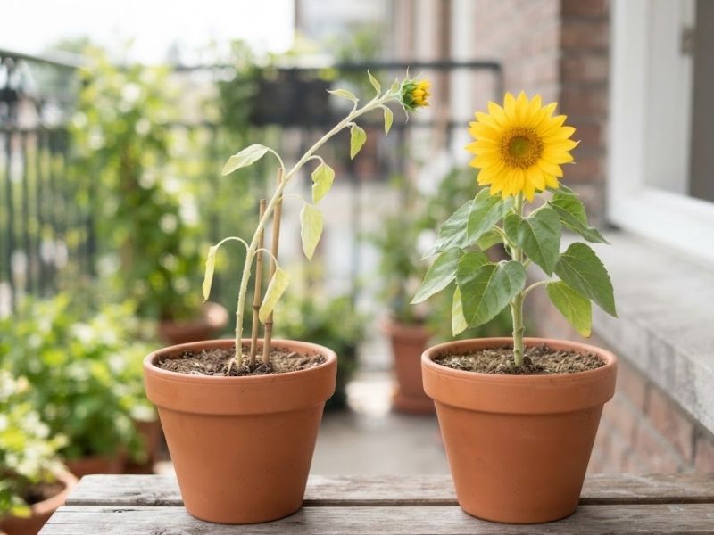 Girassol anão com caule fino e inclinado ao lado de planta compacta