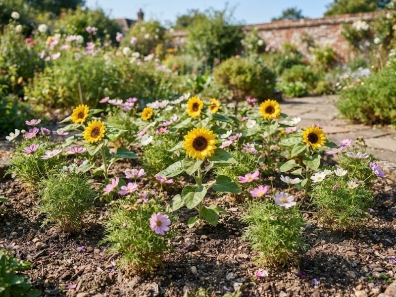 Girassóis anões cultivados com outras flores em canteiro